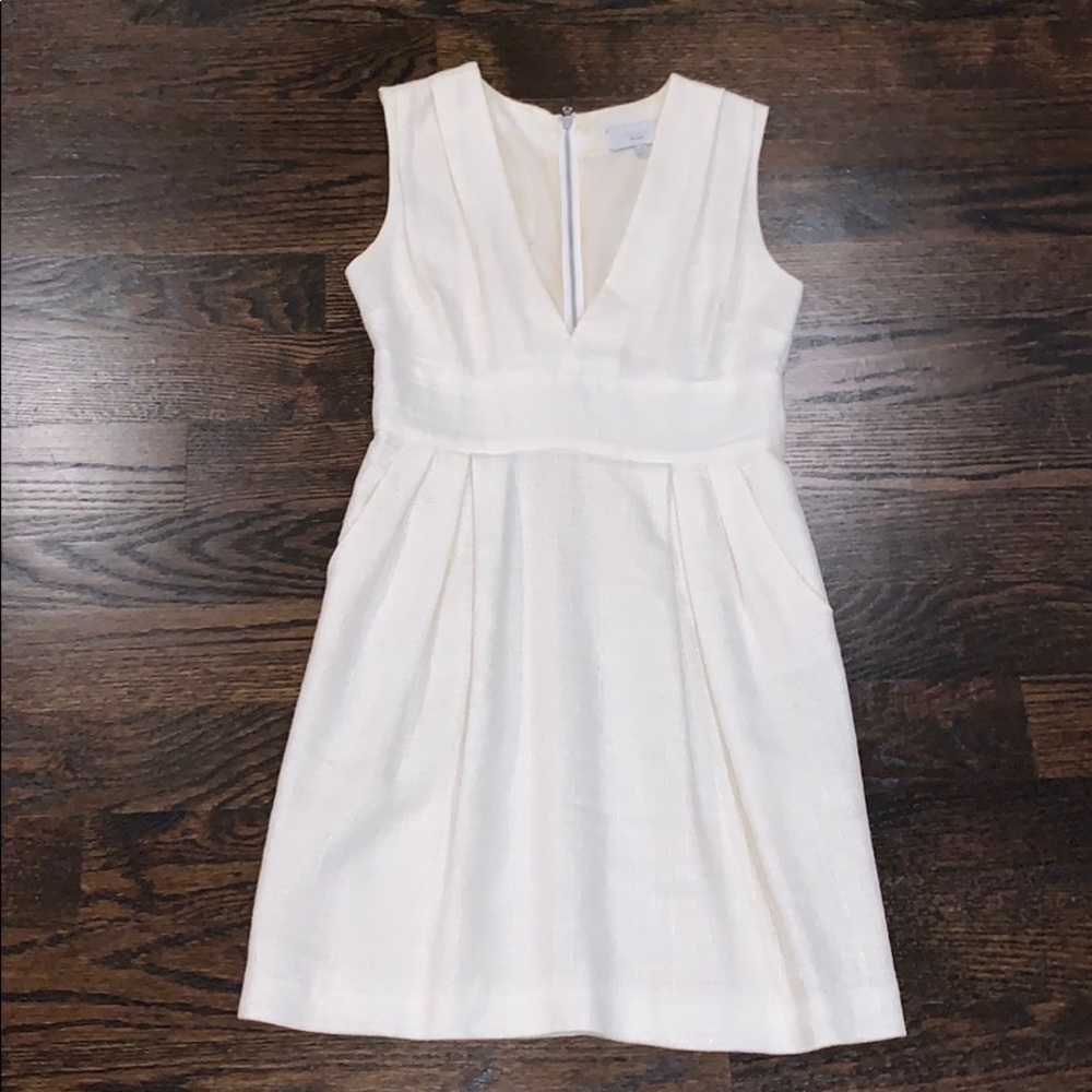 Ivory Linen tweed deep V sheath dress with pockets